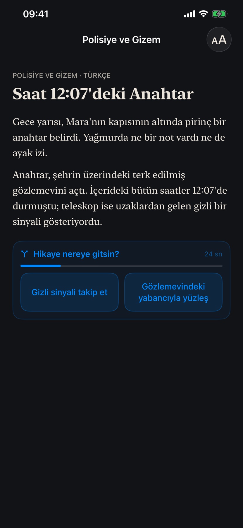İki hikâye yönü arasından seçim yapılan Fısıltı ekranı